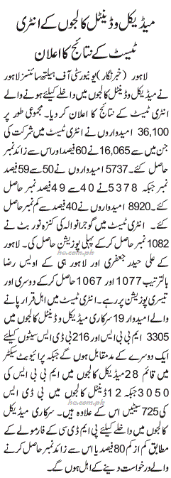 UHS MCAT Entry Test Result 2012 1