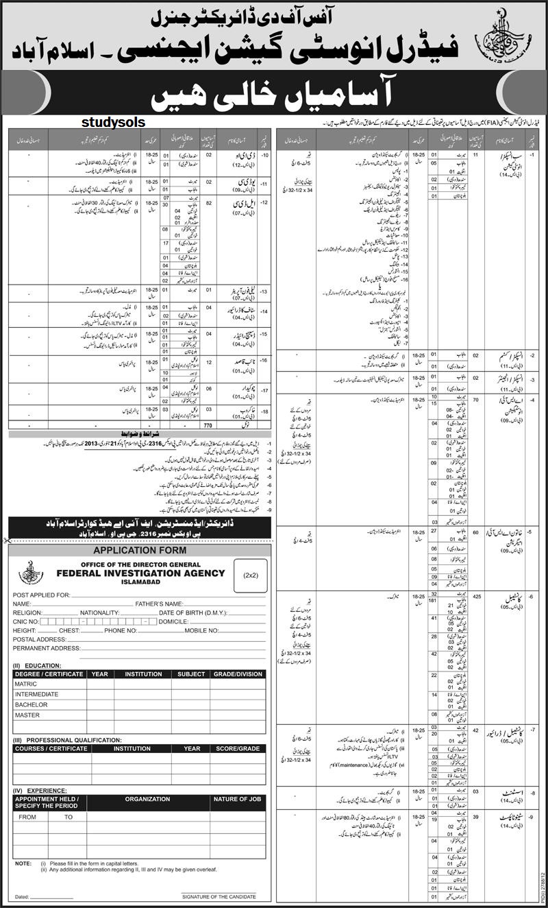 Fia Federal Investigation Agency Pakistan Jobs 2013, Forms, Inspector, ASI, 001