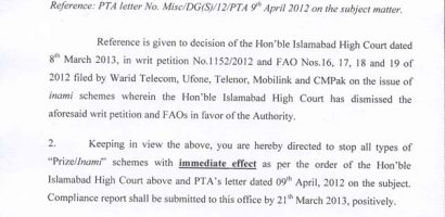 PTA Ban All Telecom Inaami Schemes
