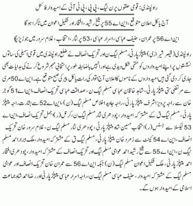 PTI Rawalpindi Candidates list for MNA, MPA and results 2024
