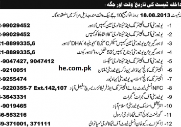UET Entry Test Centers for BSC ENGG, Tech Admissions 2024