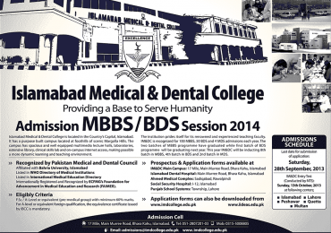 Islamabad Medical & Dental College admission Form 2024 for MBBS,BDS
