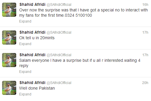 Shahid Afridi Mobile Phone number on his Twitter Profile