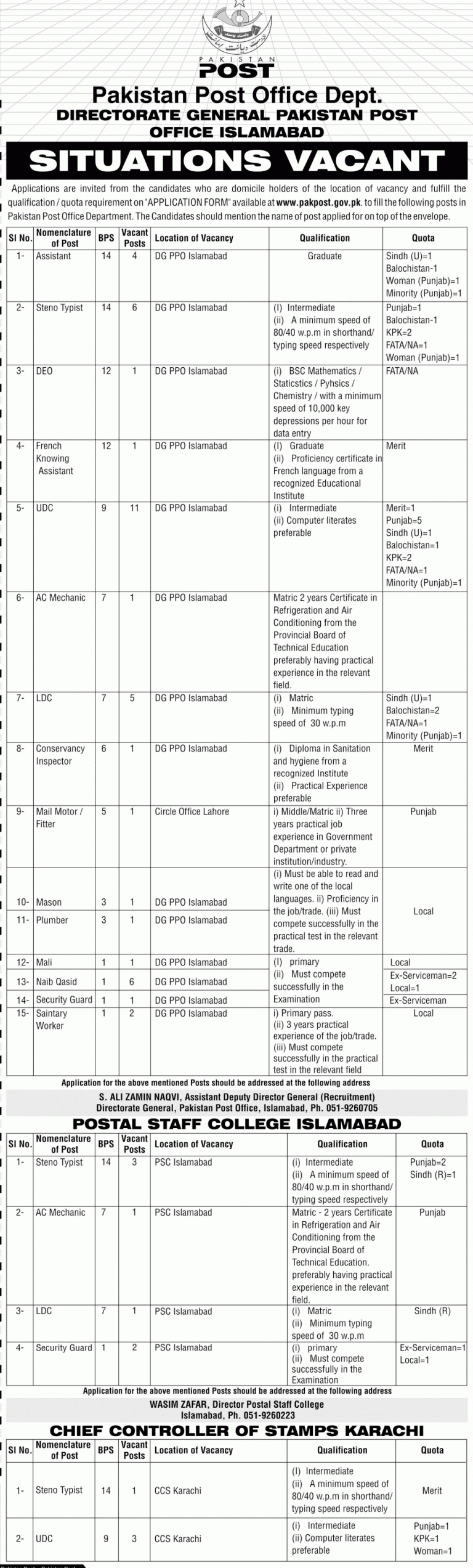 Pakistan Post Office Jobs 2015 in Karachi Lahore Islamabad