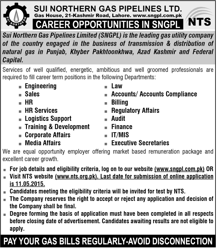 SNGPL Jobs 2015