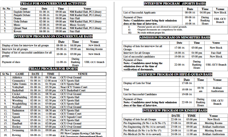 GCU Lahore 1st 2nd Merit List 2016 FA FSC ICOM