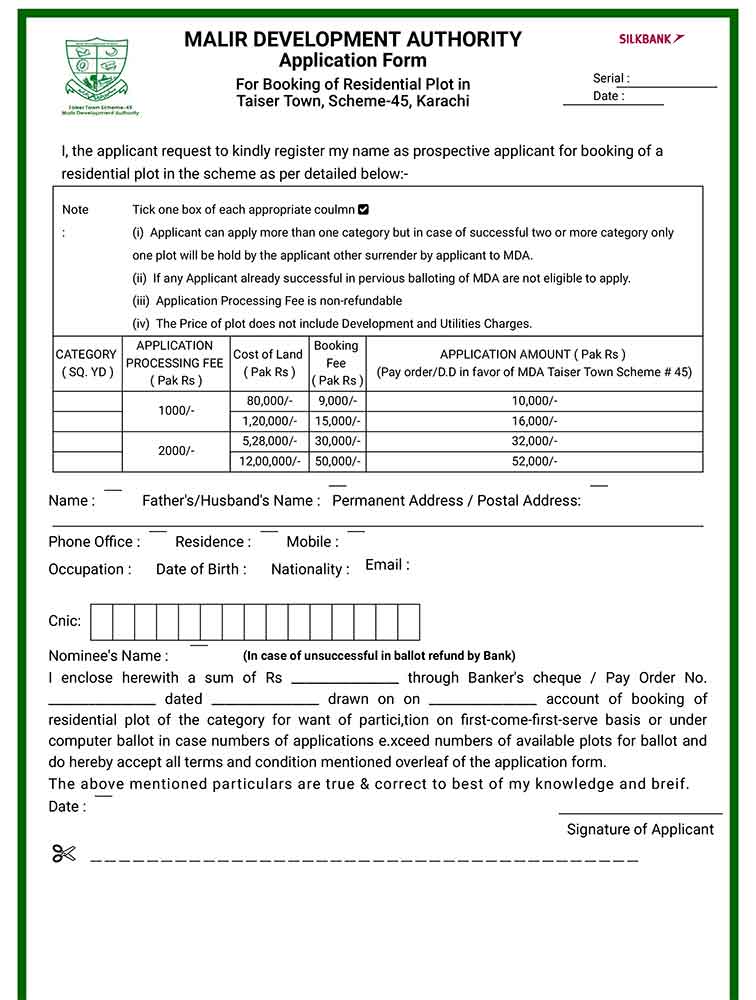 Taiser Town Scheme 45 2019 Application Form Payment Schedule