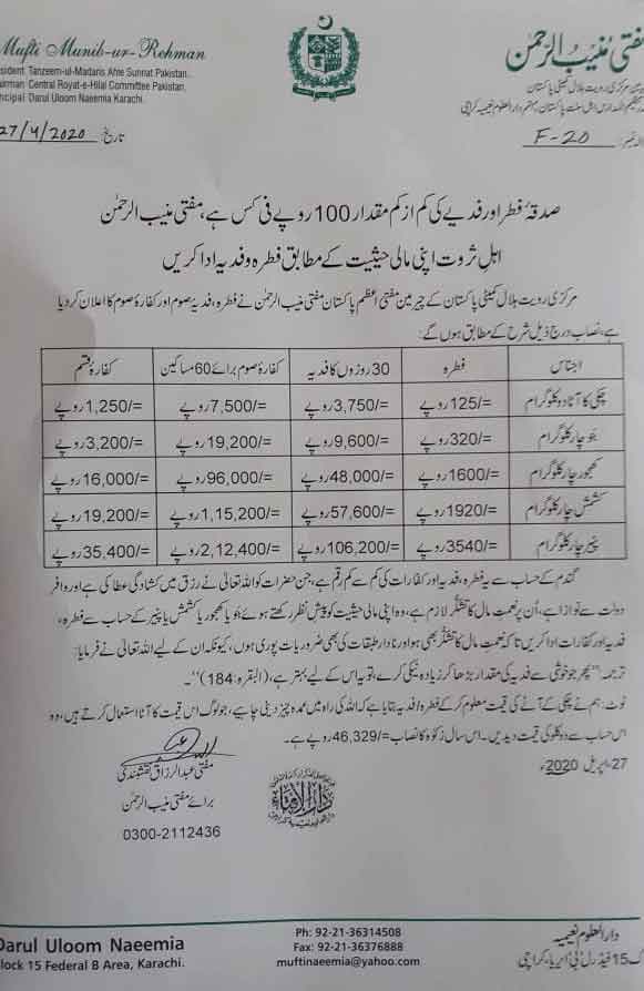 How much is Fidya for Ramadan 2024 in Pakistan for not Fasting or