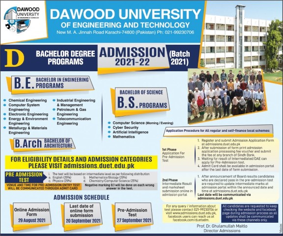Duet Merit List 2021 Dawood University of Engineering and Technology