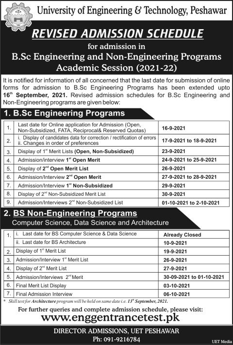 UET Peshawar 1st Final Open Merit List 2021 Electrical, Mechanical Engineering