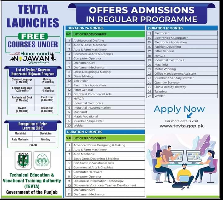 Tevta Short Courses in Lahore 2023 Free Training Admission for Male Female