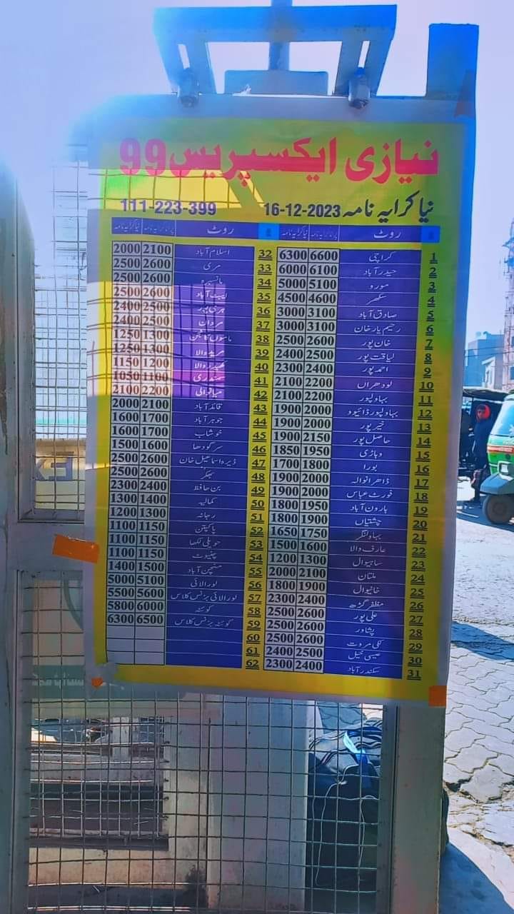Niazi Express Ticket Price List 2024
